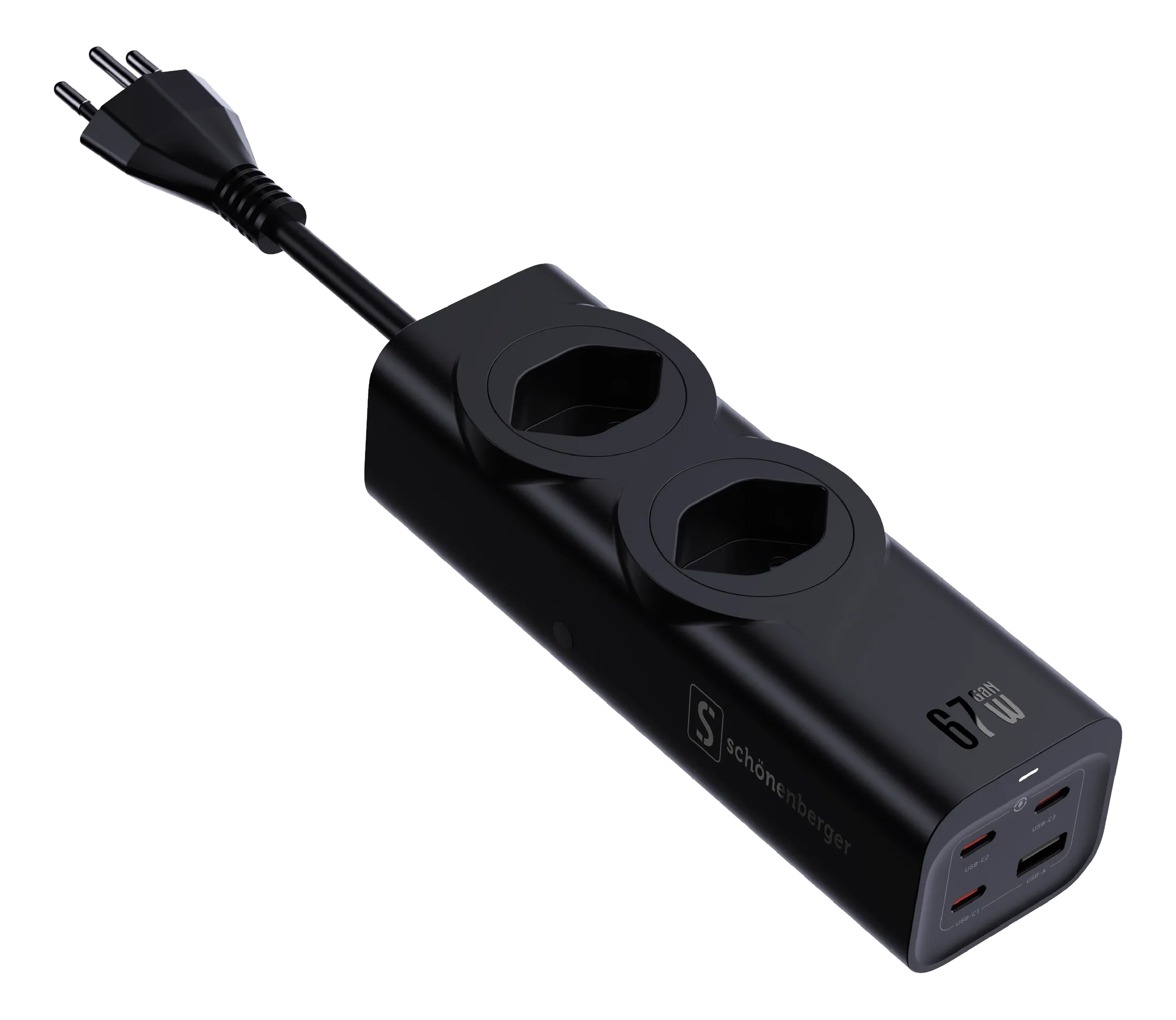 Multiprise noire avec deux prises, ports USB et prise. Marque Schönenberger.