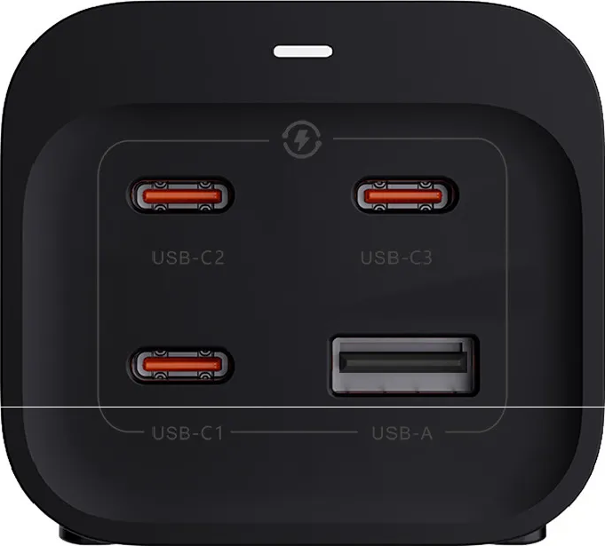 Adaptateur secteur noir avec ports USB-C et USB-A.