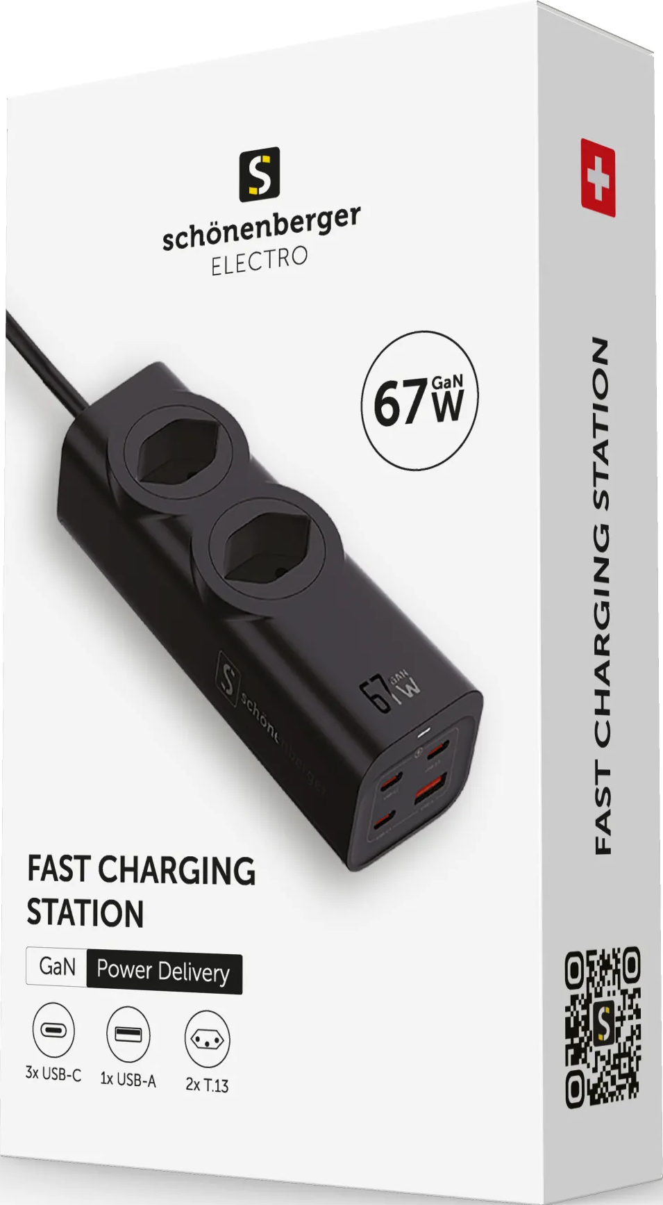 Une station de charge noire avec plusieurs ports. La boîte est blanche avec du texte et un drapeau suisse.