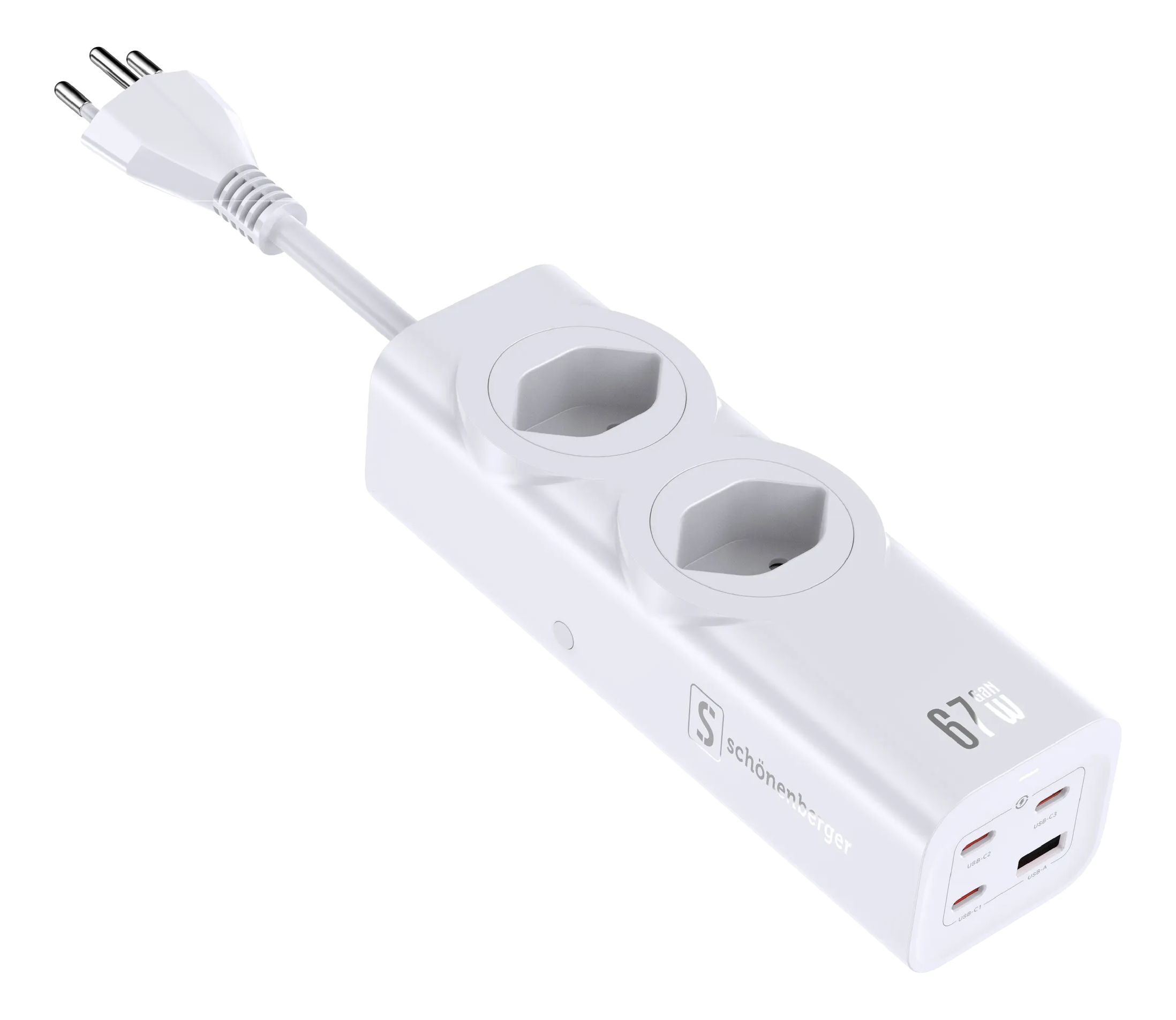 Une multiprise blanche avec deux prises, des ports USB et un cordon d'alimentation. La marque est Schönenberger.