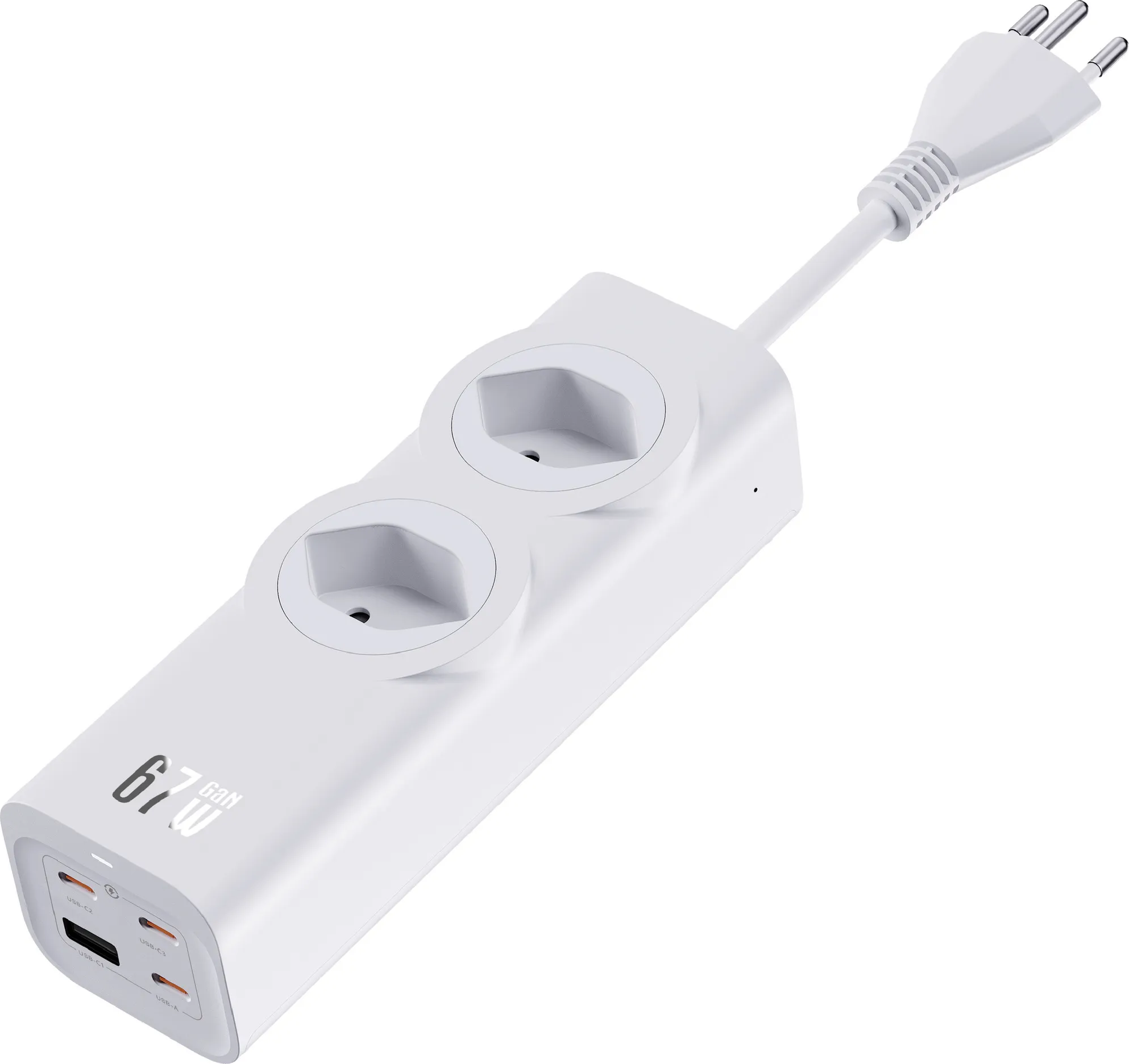 Une multiprise blanche avec deux prises et plusieurs ports USB, avec un cordon d'alimentation et une prise.