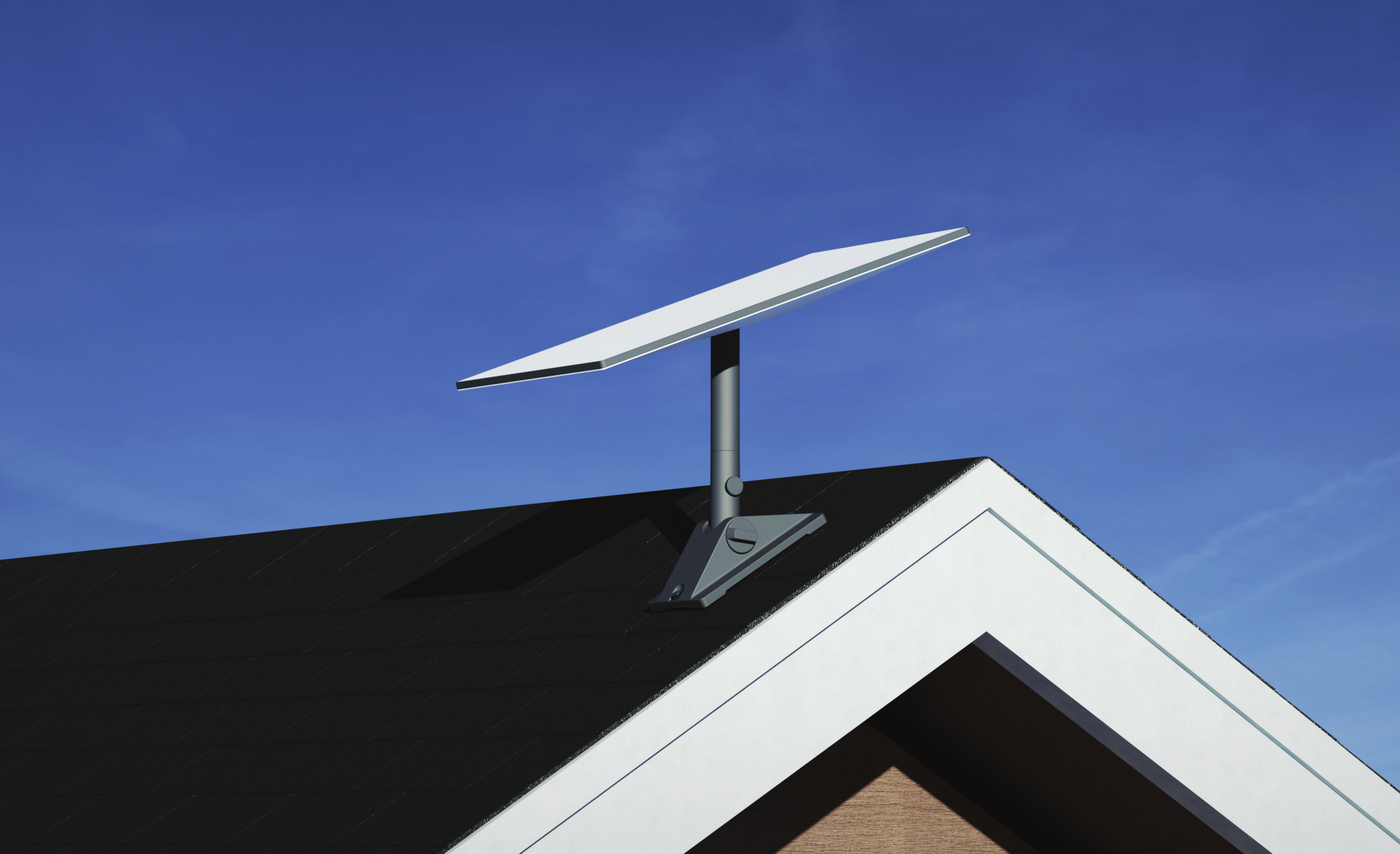 Une antenne parabolique sur un toit contre un ciel bleu.