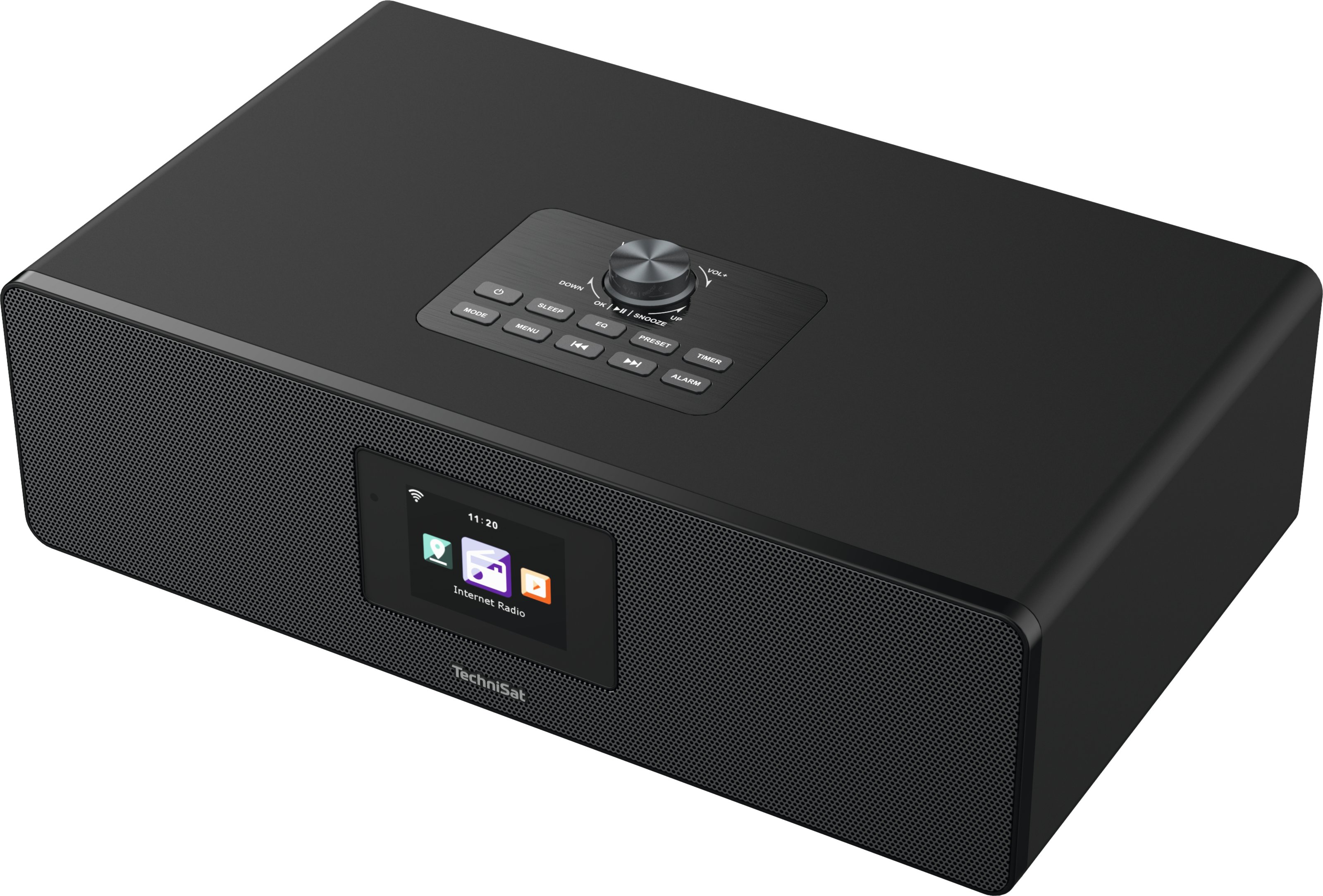 Czarny radio internetowe z wyświetlaczem i elementami sterującymi. Radio stoi na stole.
