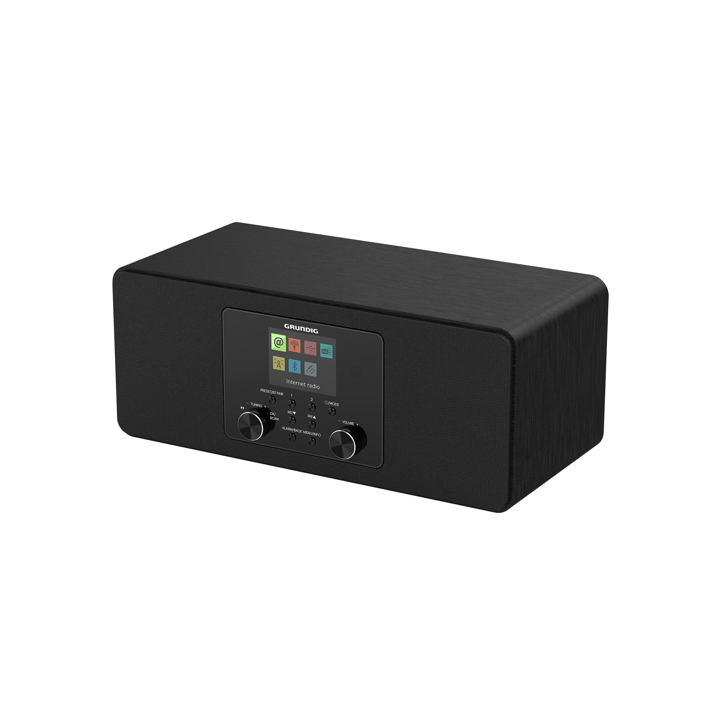 Schwarzes Grundig Internetradio. Mit Bildschirm, Drehreglern und Tasten. Auf weißem Untergrund platziert.
