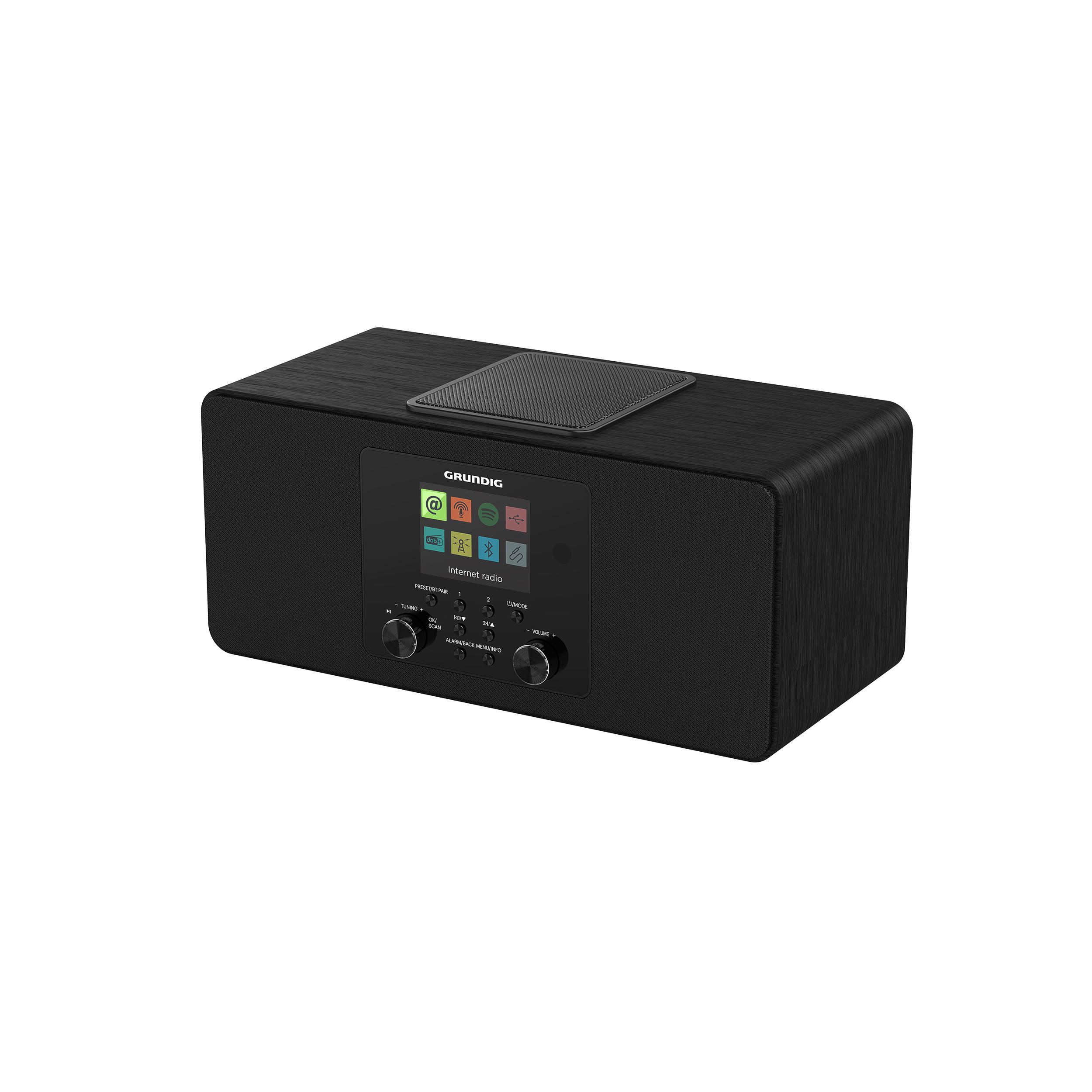 Schwarzes Internetradio mit Bildschirm und Bedienknöpfen. Es steht auf einer weißen Oberfläche.