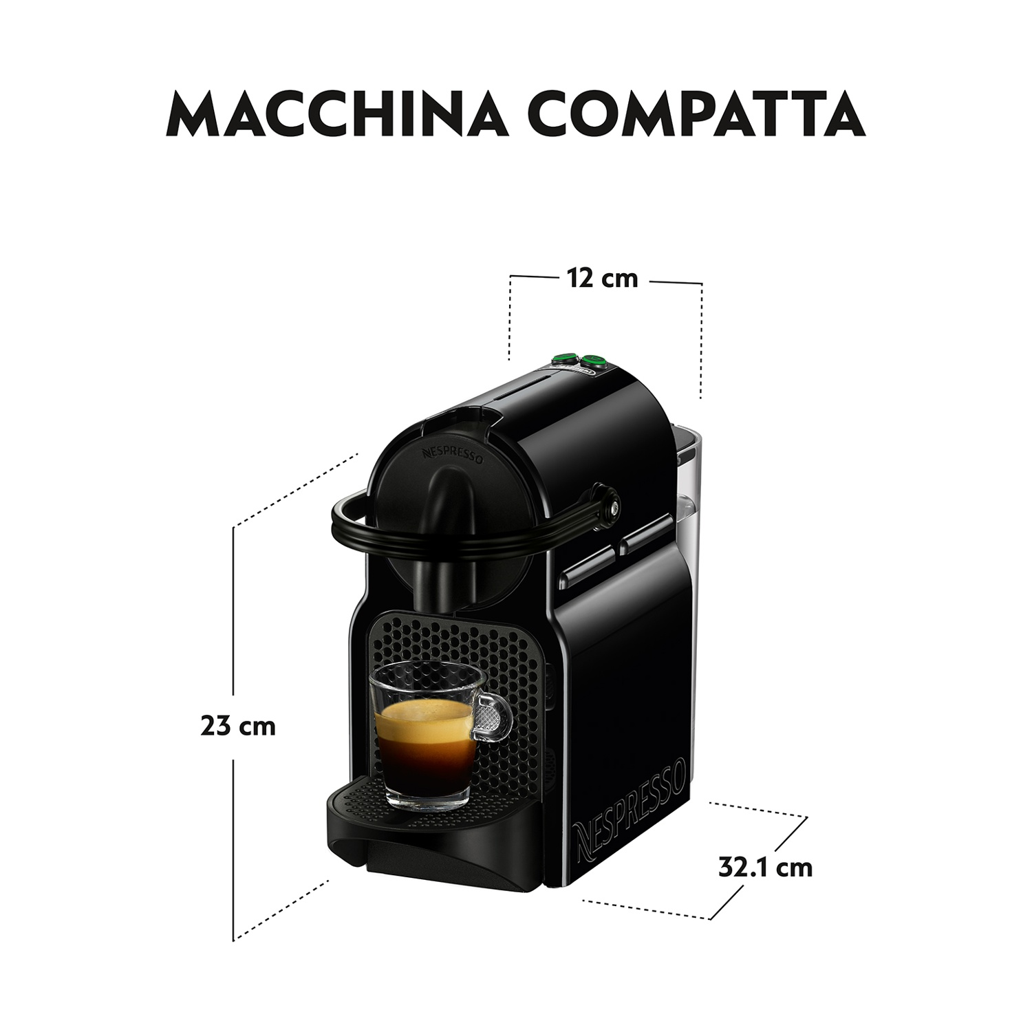 Macchina da caffè Nespresso nera con una tazza di vetro. Le dimensioni sono visualizzate.