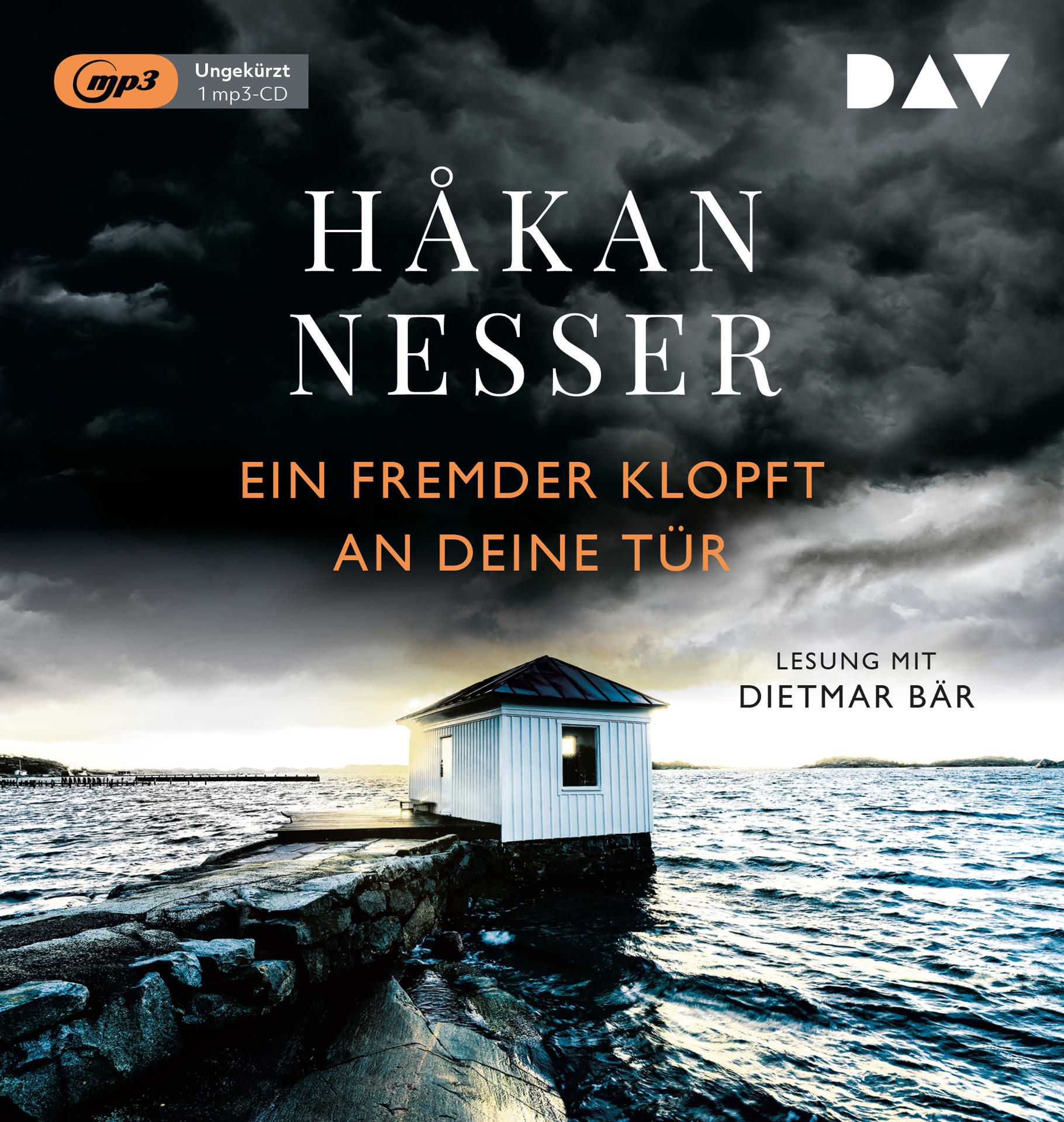 Buchcover mit Haus auf Wasser und dunklem Himmel, mit Text.