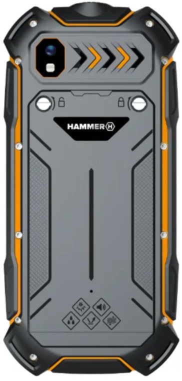 Tył wytrzymałego smartfona. Jest szary z pomarańczowymi akcentami i podwójnym aparatem.