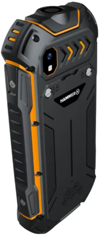 Wytrzymały czarno-pomarańczowy smartfon z aparatem i obudową ochronną.