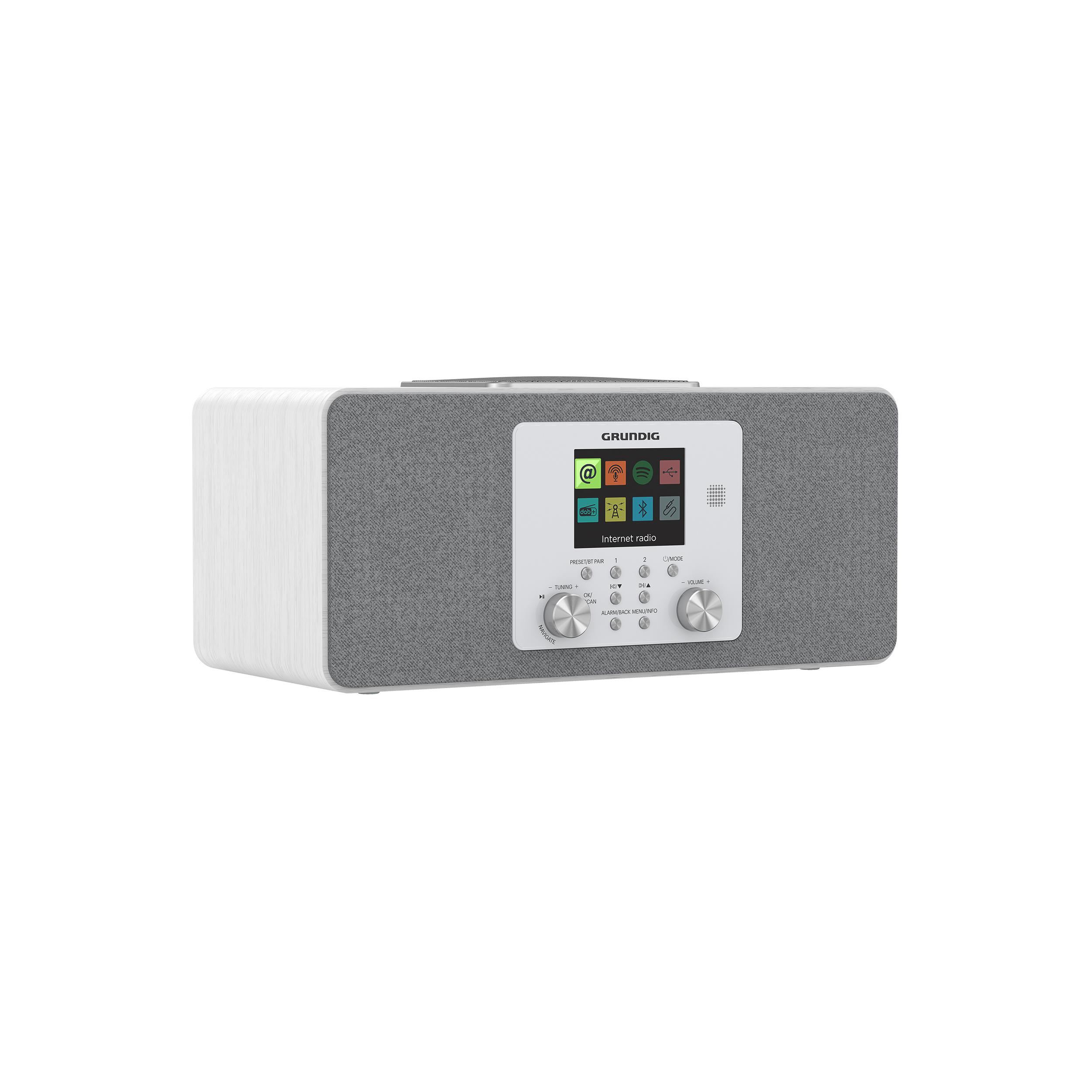 Weißes und graues Grundig Internetradio mit Bildschirm und Bedientasten.