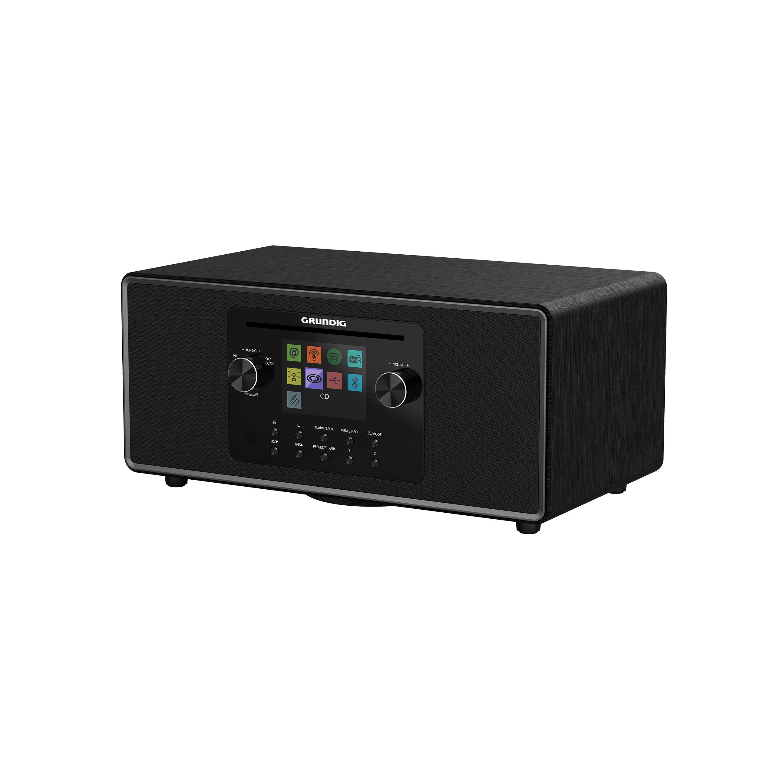 Schwarzes Grundig Radio mit Bildschirm, Knöpfen und CD-Einschub.