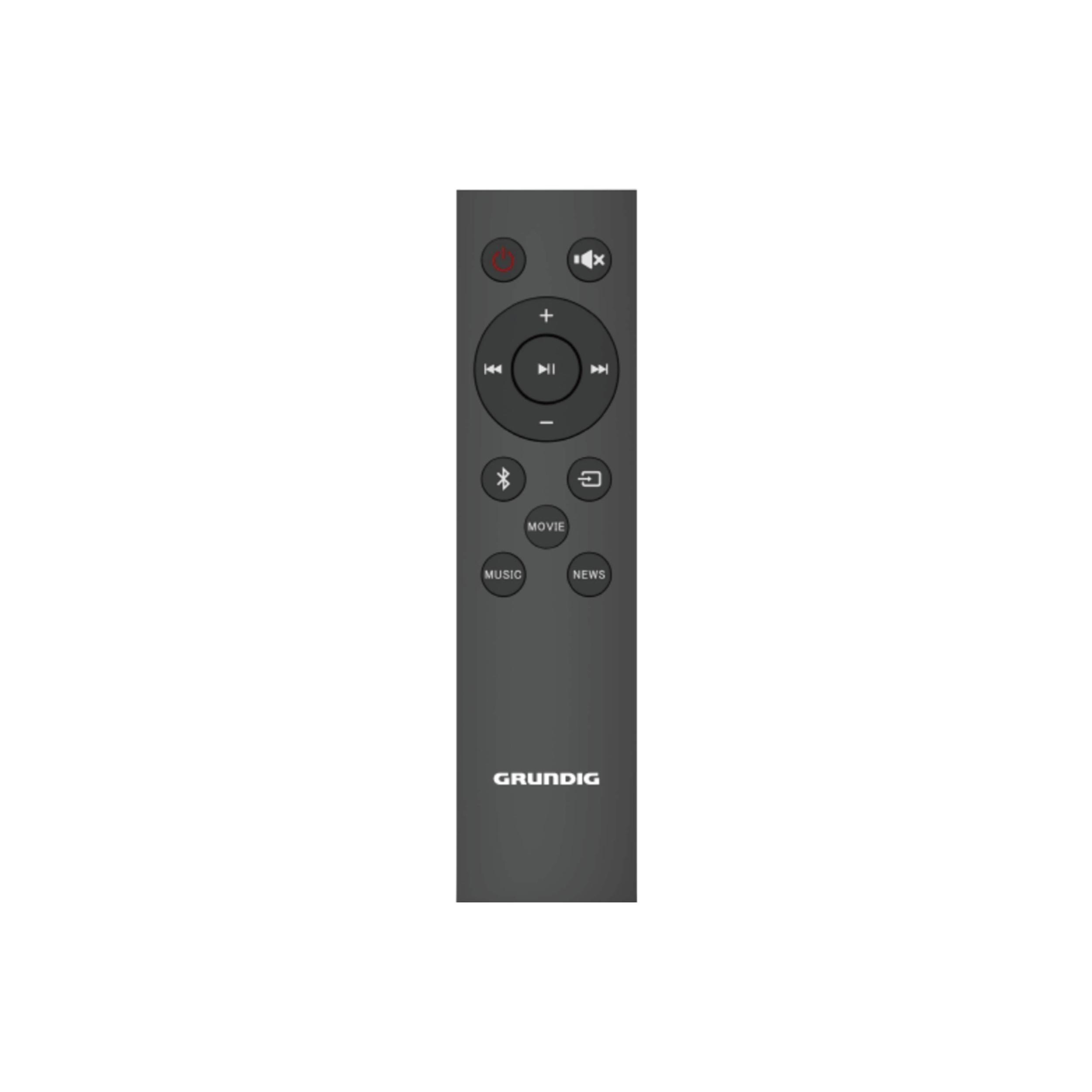 Graue Fernbedienung mit mehreren Tasten. Die Marke ist GRUNDIG. Weißer Hintergrund.