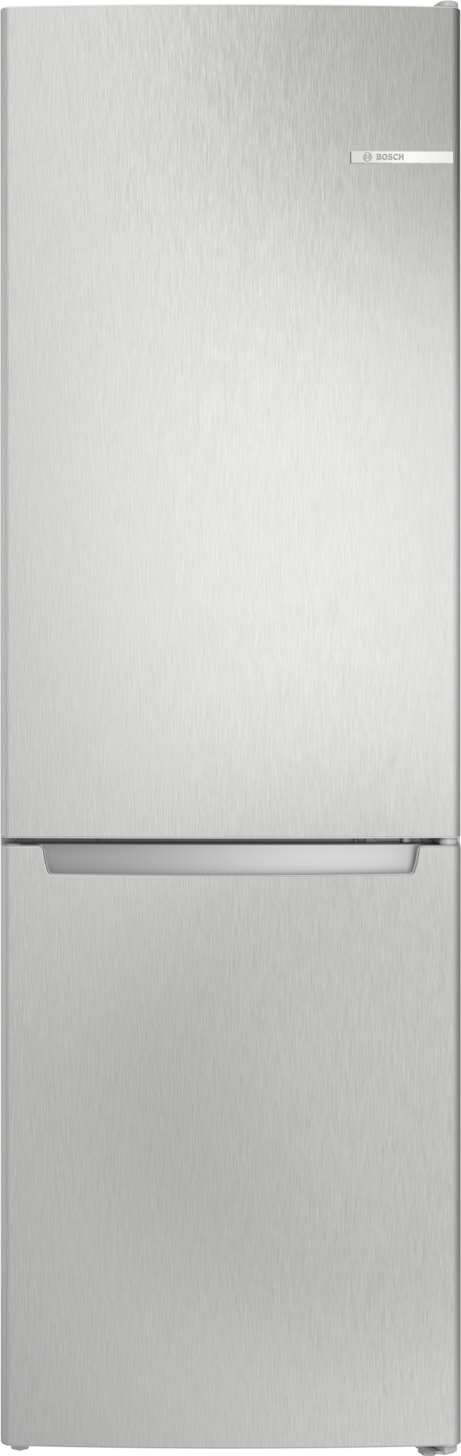 Silberner Kühlschrank mit Bosch-Logo.