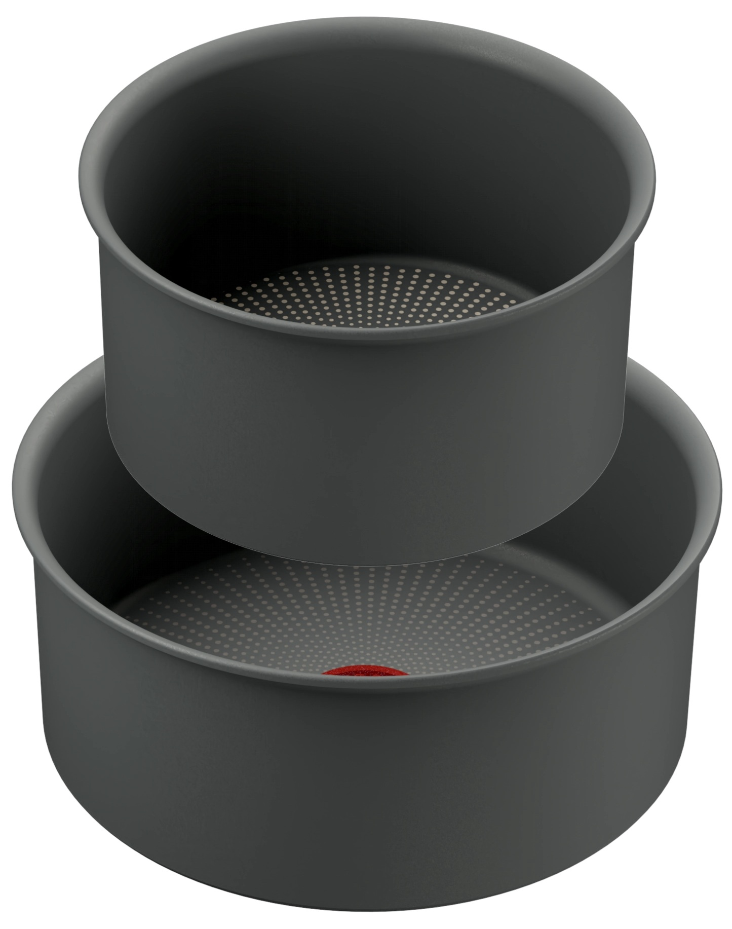 Dwa szare garnki ułożone jeden na drugim. Tło jest białe.