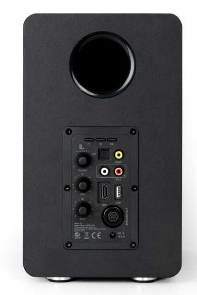 Tył czarnego głośnika z portami i kontrolkami.