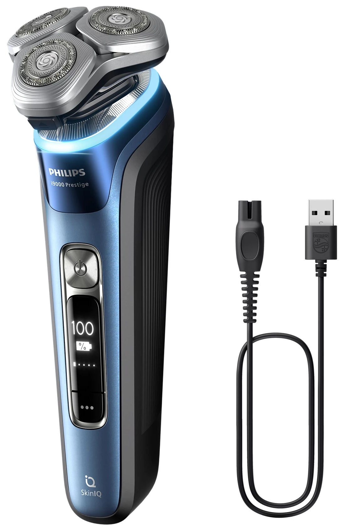 Niebiesko-czarna golarka elektryczna z kablem ładującym. Tło jest białe.