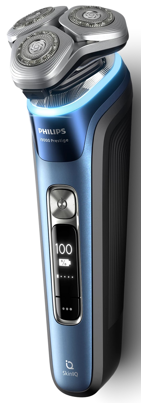 Golarka Philips. Urządzenie posiada wyświetlacz, niebieski kolor i czarne boki.