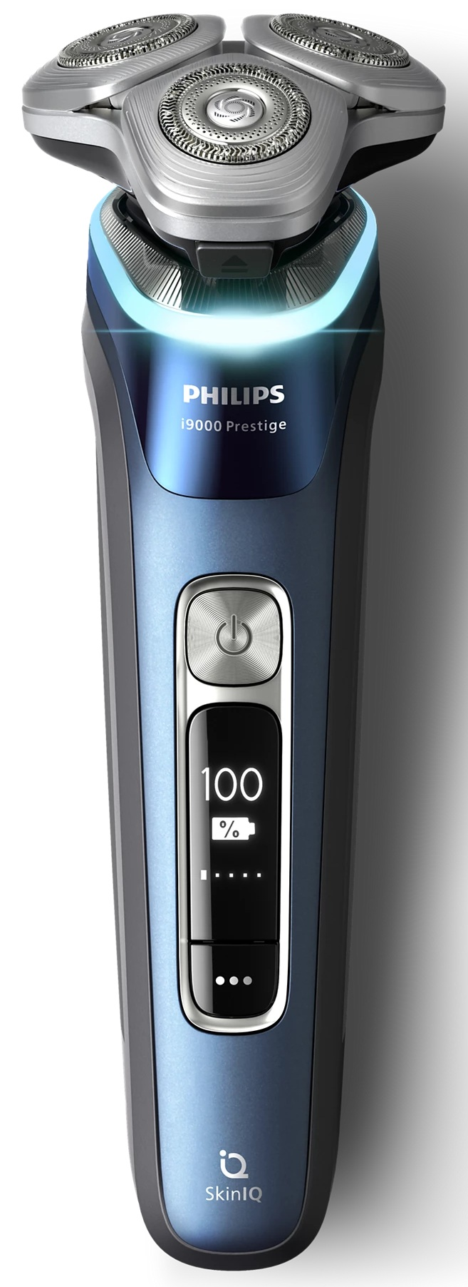 Golarka Philips z niebieskim uchwytem i wyświetlaczem cyfrowym.