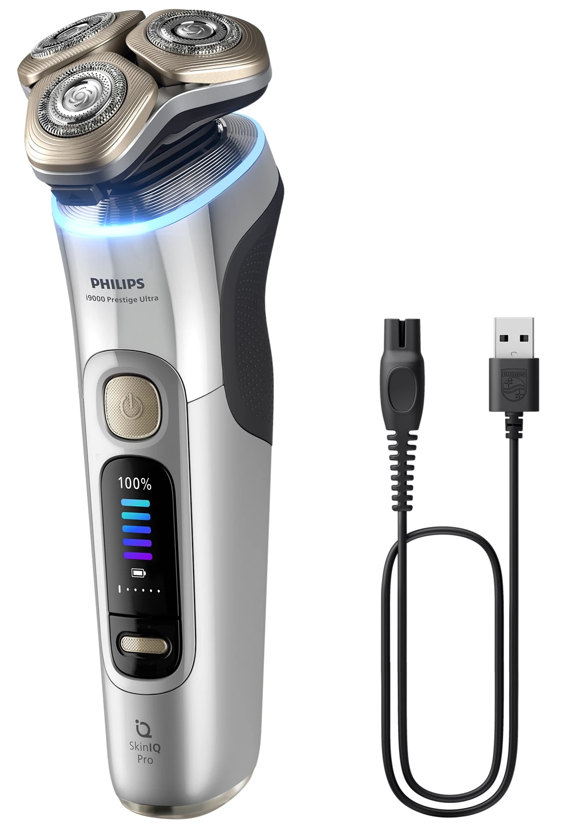 Srebrna i czarna golarka Philips z kablem do ładowania i wskaźnikiem poziomu naładowania.