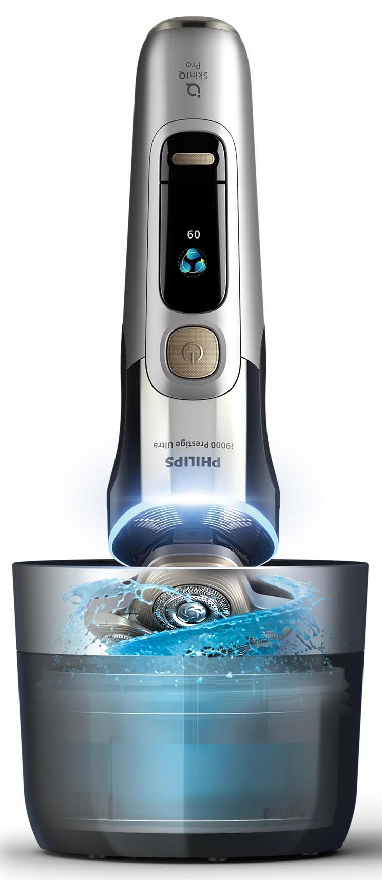 Golarka elektryczna Philips z jednostką czyszczącą. Golarka jest srebrna i czarna. Widoczna niebieska woda.