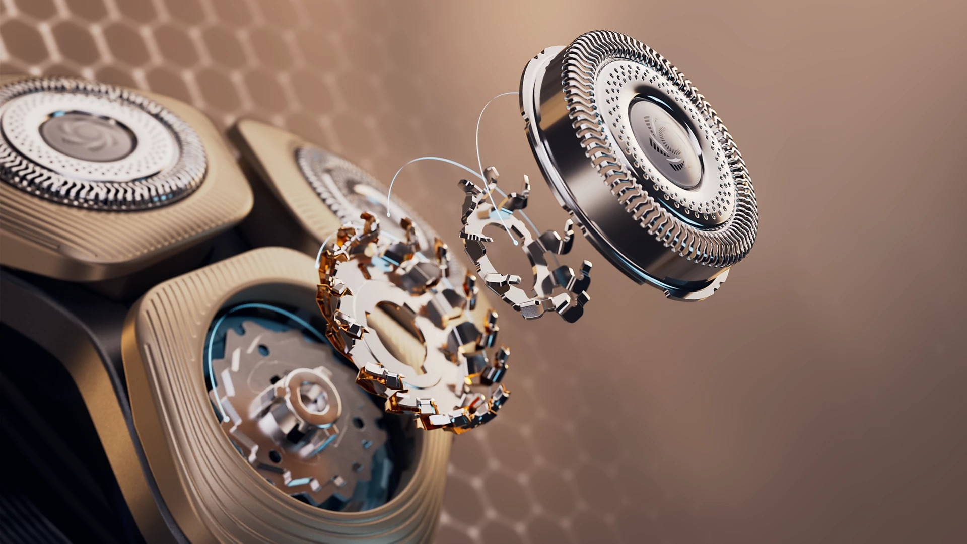 Zbliżenie golarki z widocznymi elementami wewnętrznymi.
