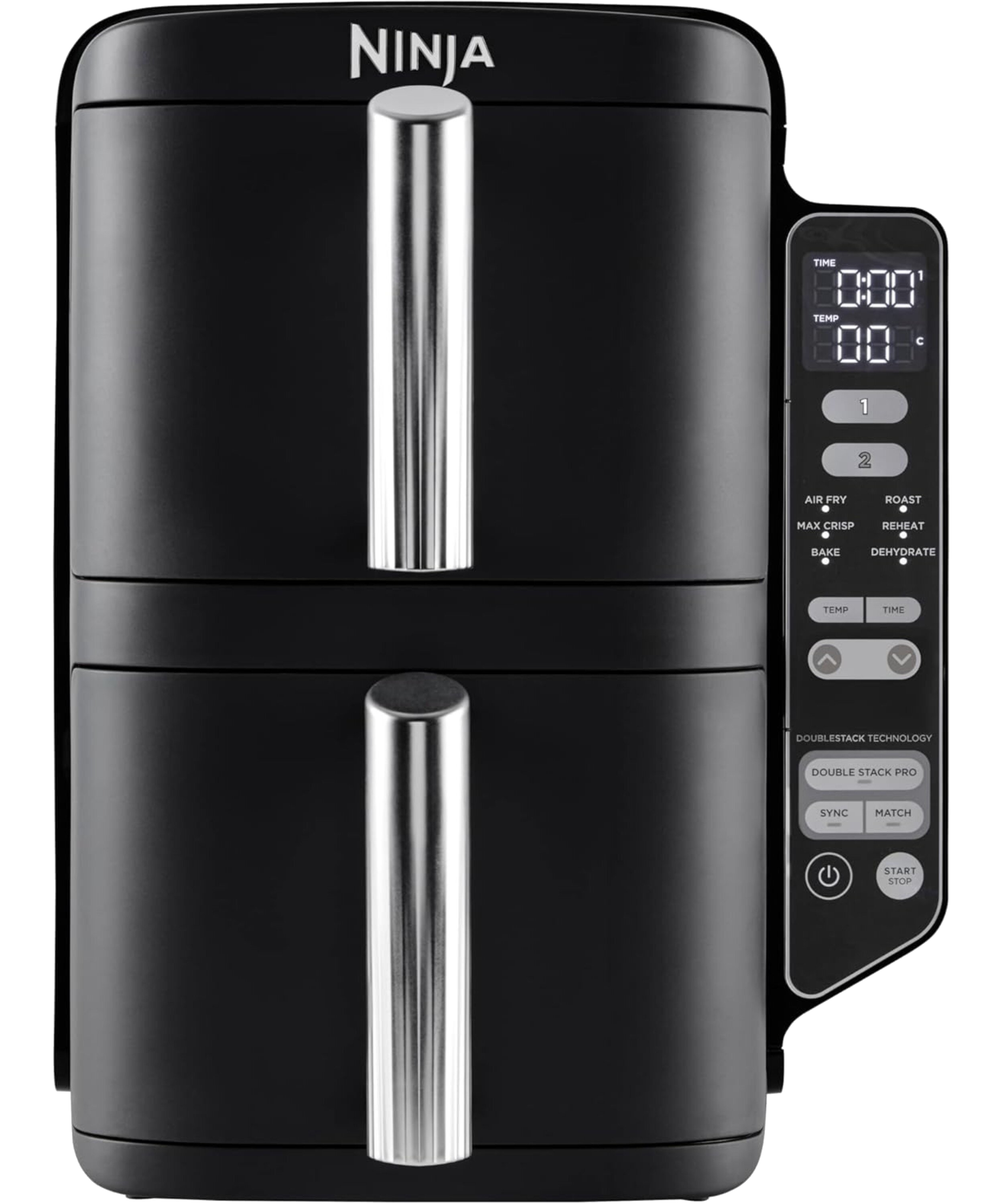 Czarna frytkownica powietrzna Ninja z dwoma komorami i wyświetlaczem cyfrowym. Przyciski do gotowania.