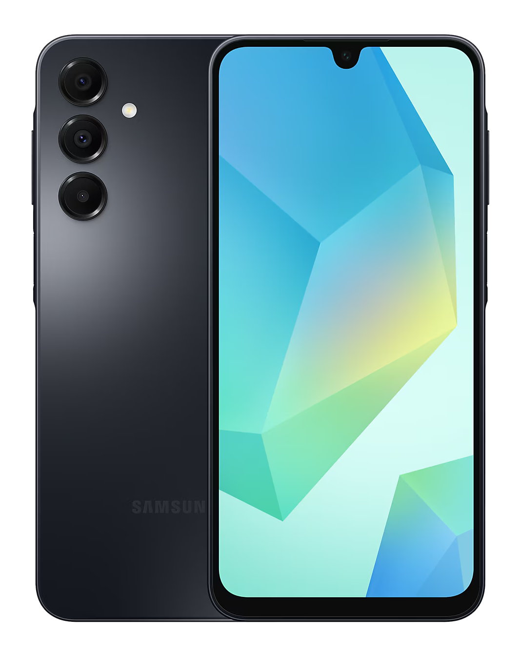 Ciemnoszary telefon Samsung z trzema aparatami. Widok z tyłu i z przodu. Wyświetlacz pokazuje abstrakcyjny wzór.