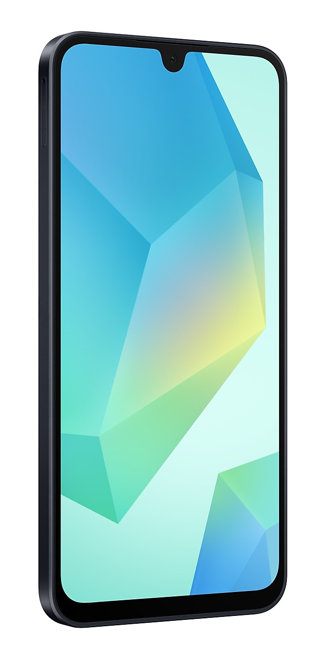 Smartfon na białym tle. Widok z boku z niebiesko-żółtym wyświetlaczem.