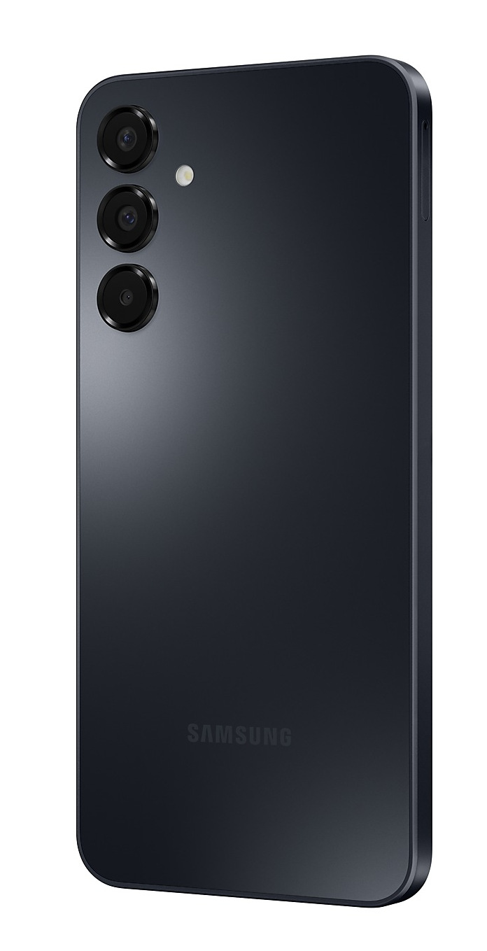 Czarny tył smartfona z trzema obiektywami aparatu i logo Samsung.