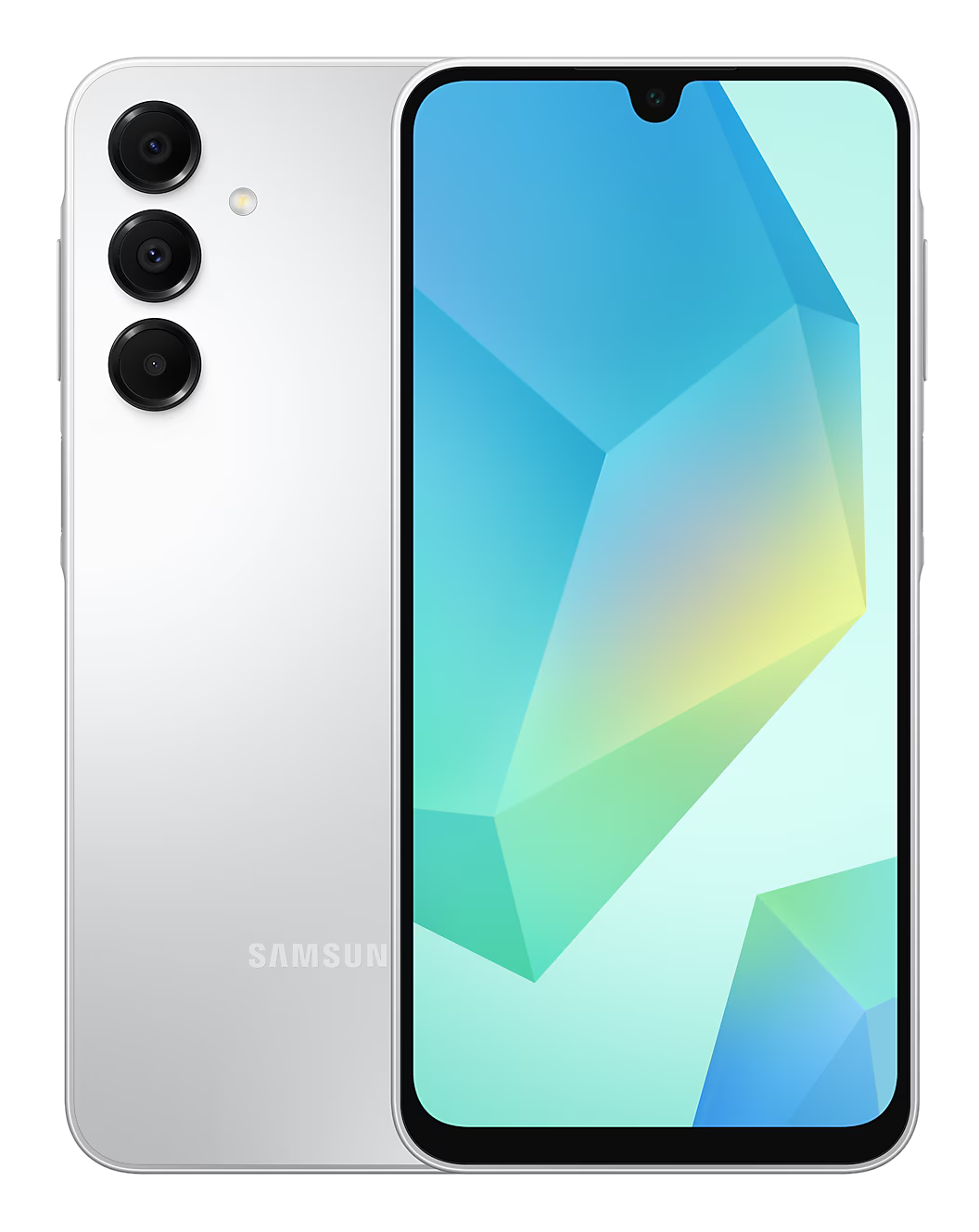 Biały smartfon z trzema tylnymi aparatami, przednim aparatem i kolorowym wyświetlaczem.