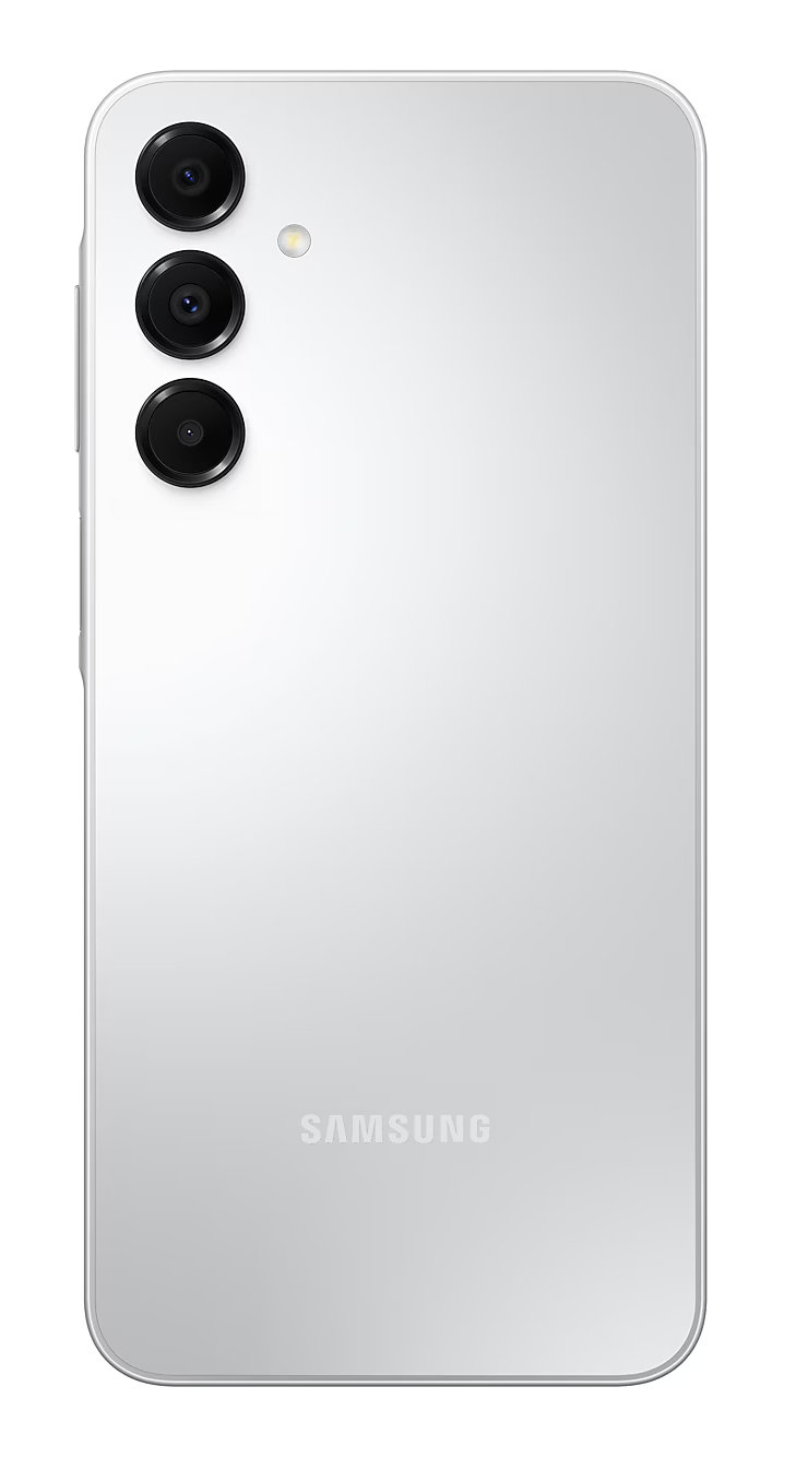 Biały tył smartfona z trzema aparatami i logo Samsung. Białe tło.