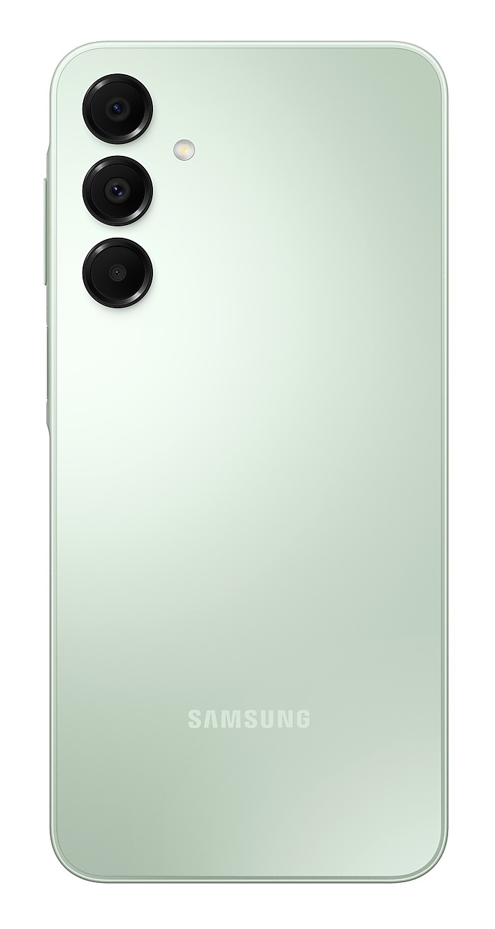 Zielony smartfon z trzema tylnymi aparatami i logo Samsung.