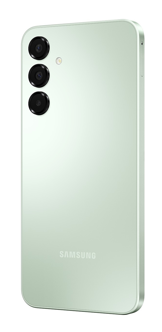 Zielony tył smartfona z trzema obiektywami aparatu i logo Samsung.