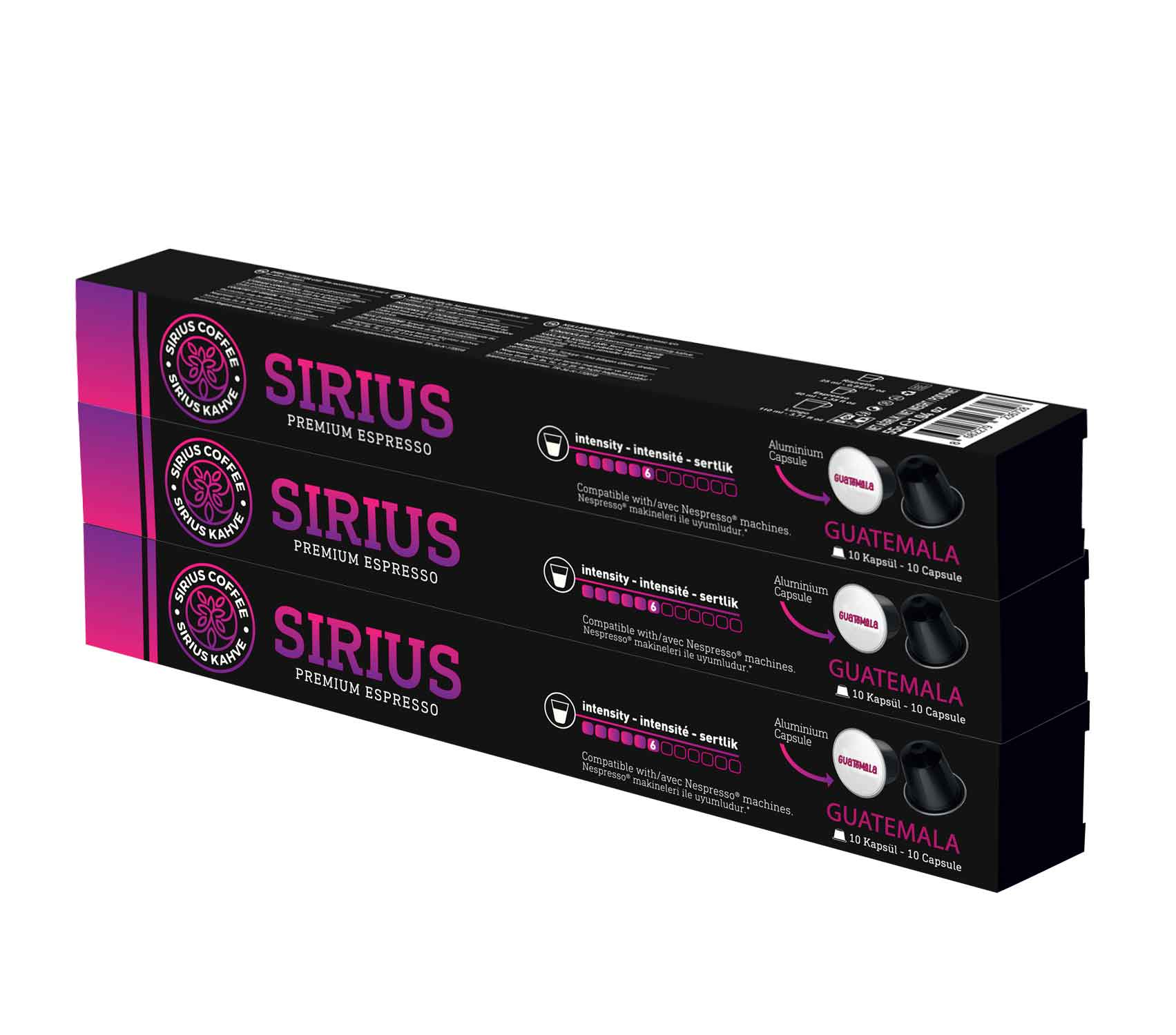 Üç kutu Sirius kahve kapsülü, Guatemala. Kutular, ürün detaylarıyla mor ve siyahtır.