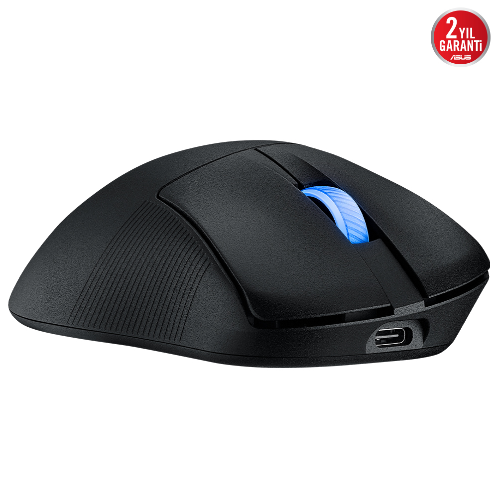 Mavi ışıklı kaydırma tekerleği olan siyah bilgisayar faresi. ASUS logosu görünür durumda.