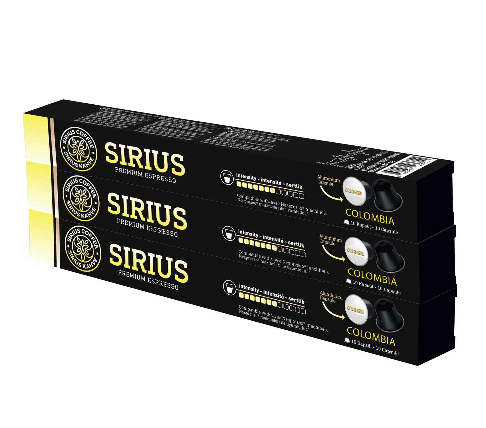 Üst üste yığılmış üç kutu Sirius Premium Espresso kahve kapsülü.
