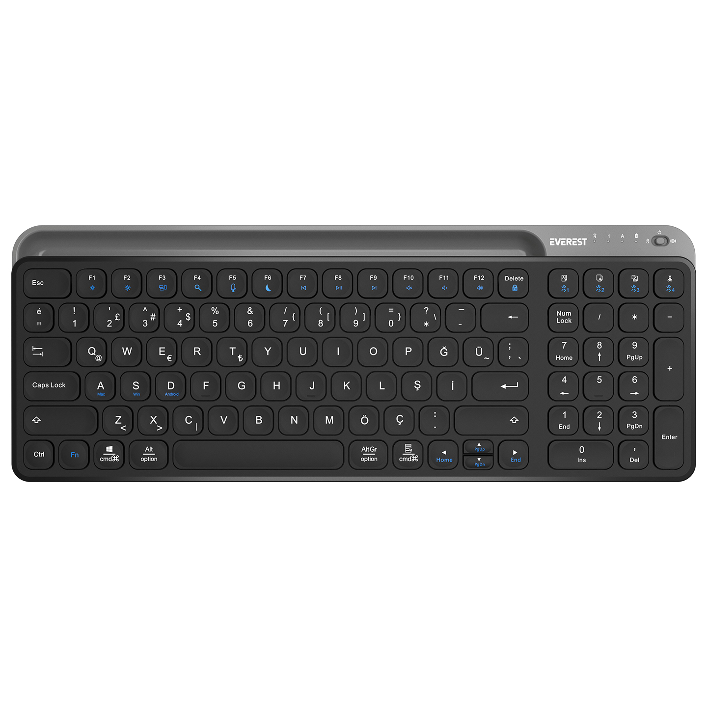 Standart QWERTY düzenine sahip siyah ve gri kablosuz klavye, mavi fonksiyon tuşları.