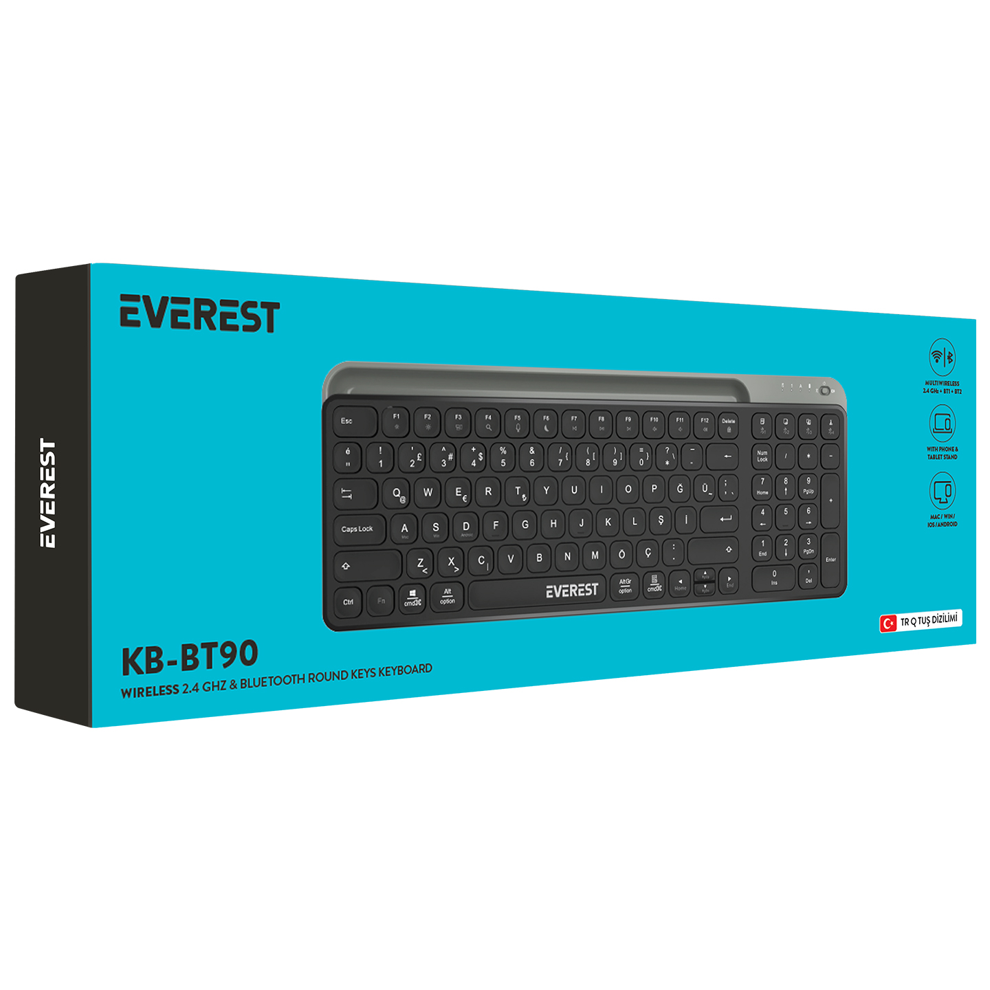 EVEREST logosu ve klavye görüntüsü ile siyah ve mavi bir klavye kutusu.