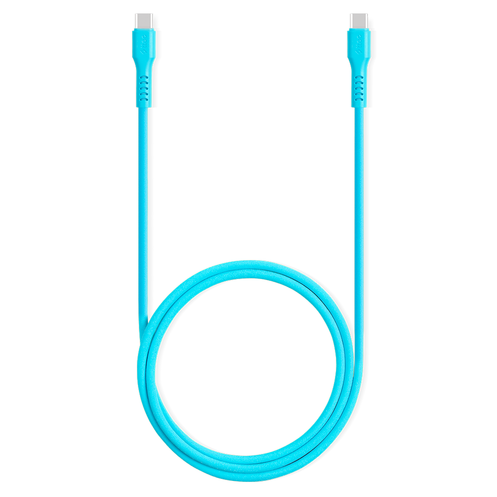 Parlak turkuvaz bir USB-C kablosu. Her iki ucunda da konektörler var ve siyah bir arka plan üzerinde.