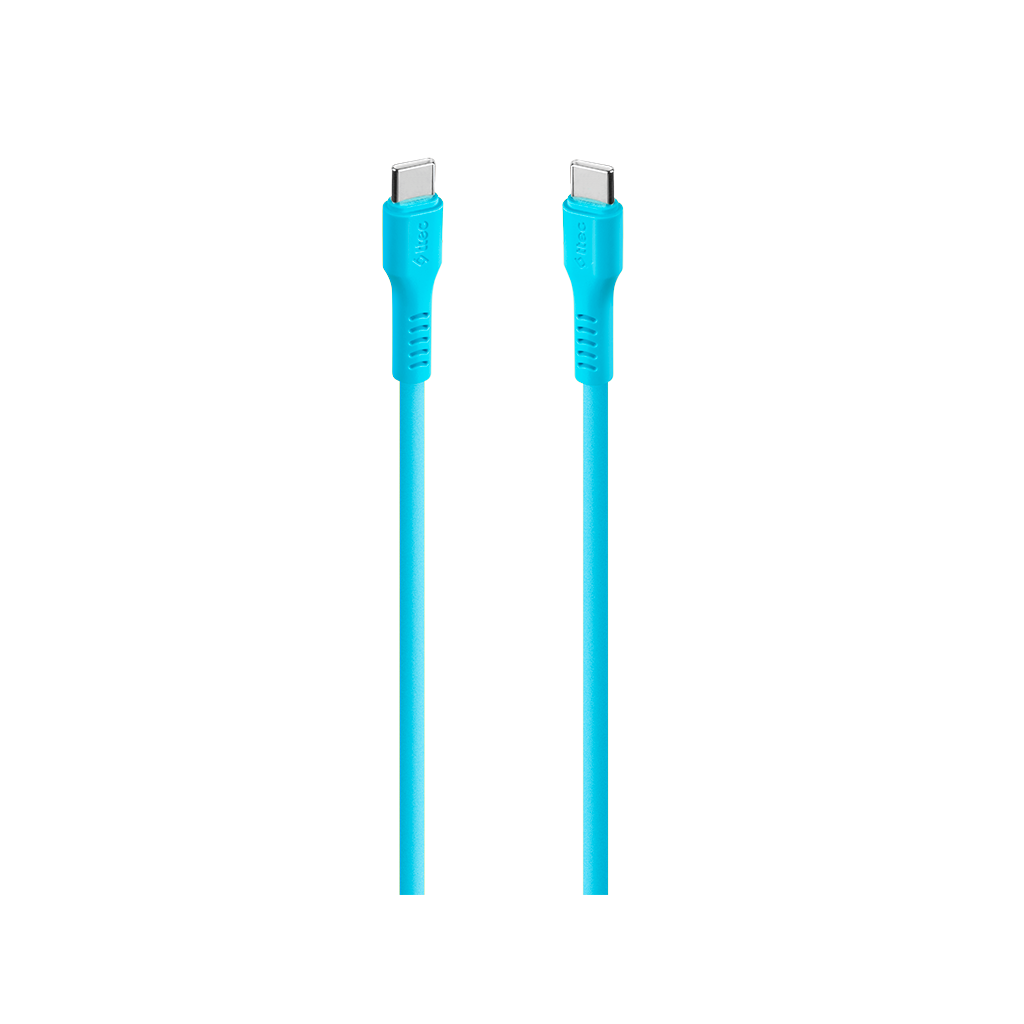 Yan yana iki mavi USB-C kablosu, siyah bir arka plan üzerinde.