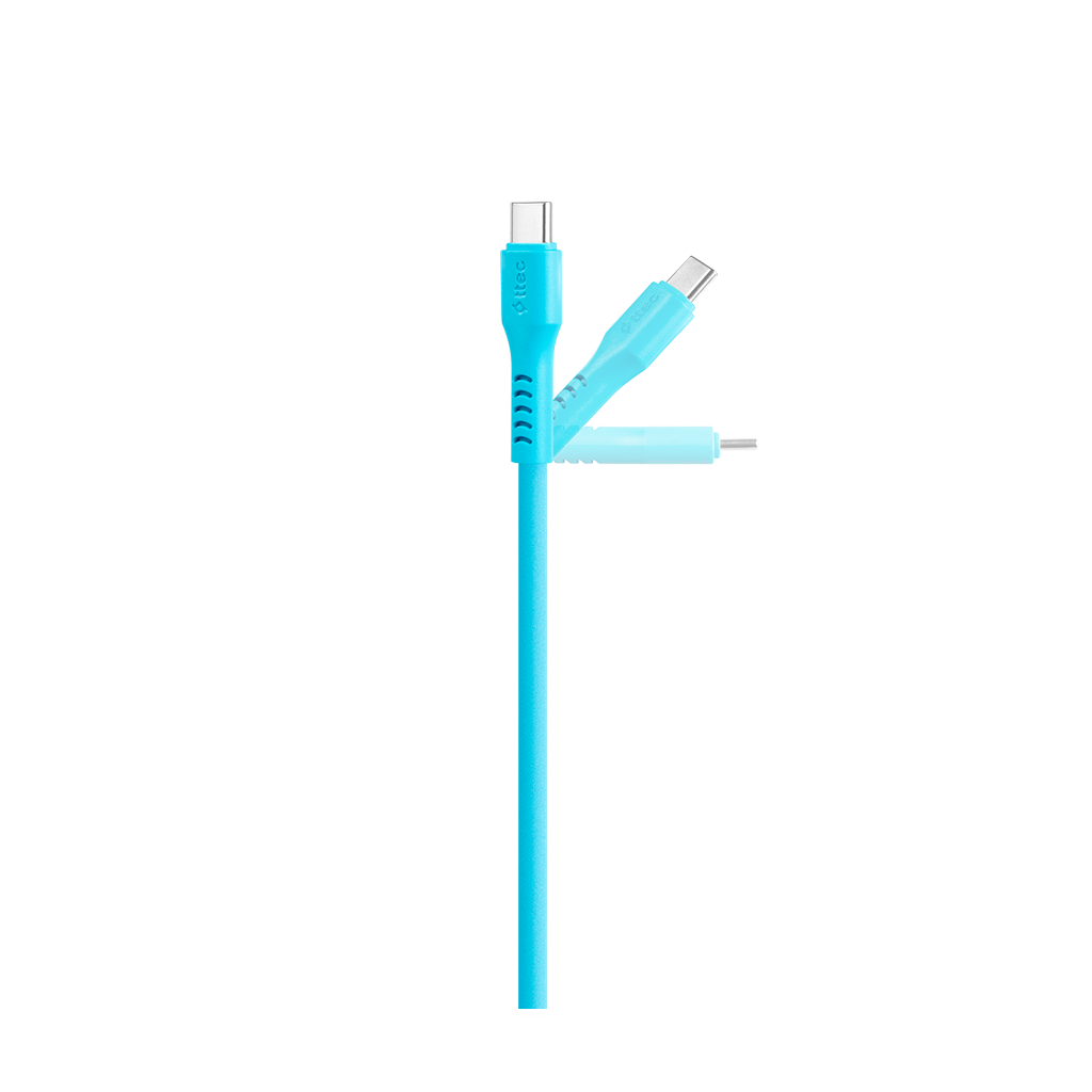 İki USB-C konektörü ve bir USB-A konektörü ile açık mavi bir USB-C kablosu.