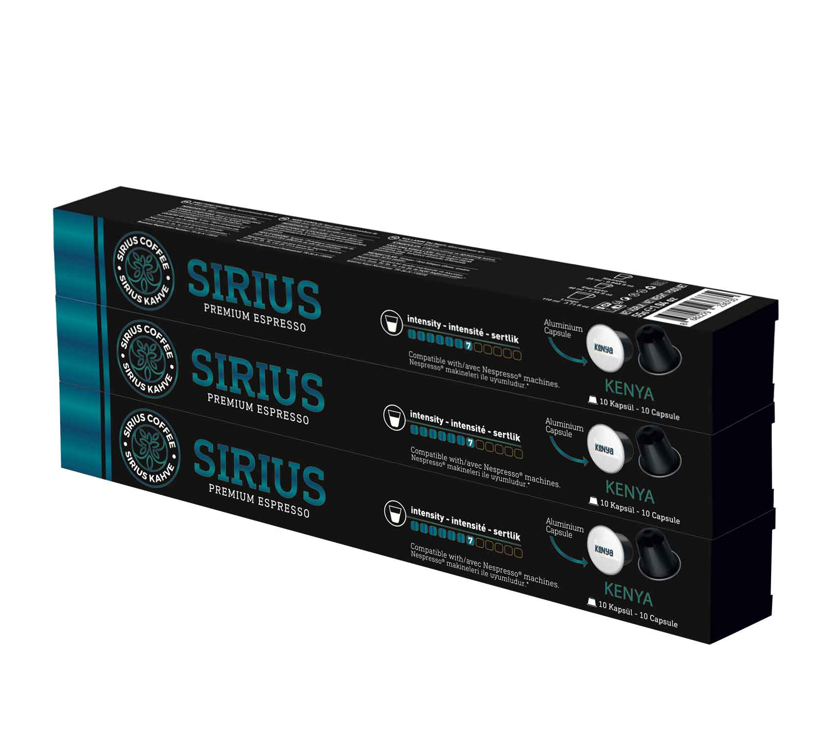 Üç kutu Sirius espresso kapsülü üst üste yığılmış.