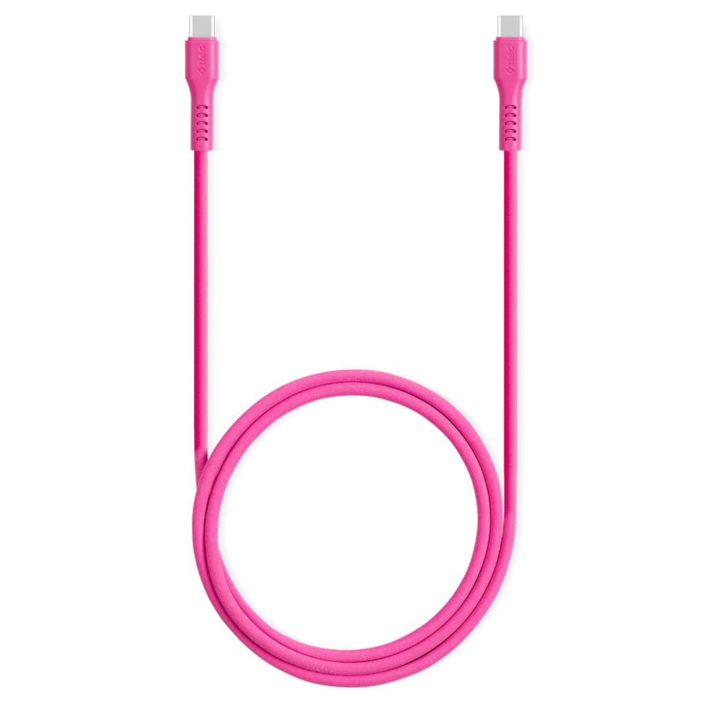Parlak pembe USB-C şarj kablosu, iki konektörlü ve kıvrılmış bir kablo.