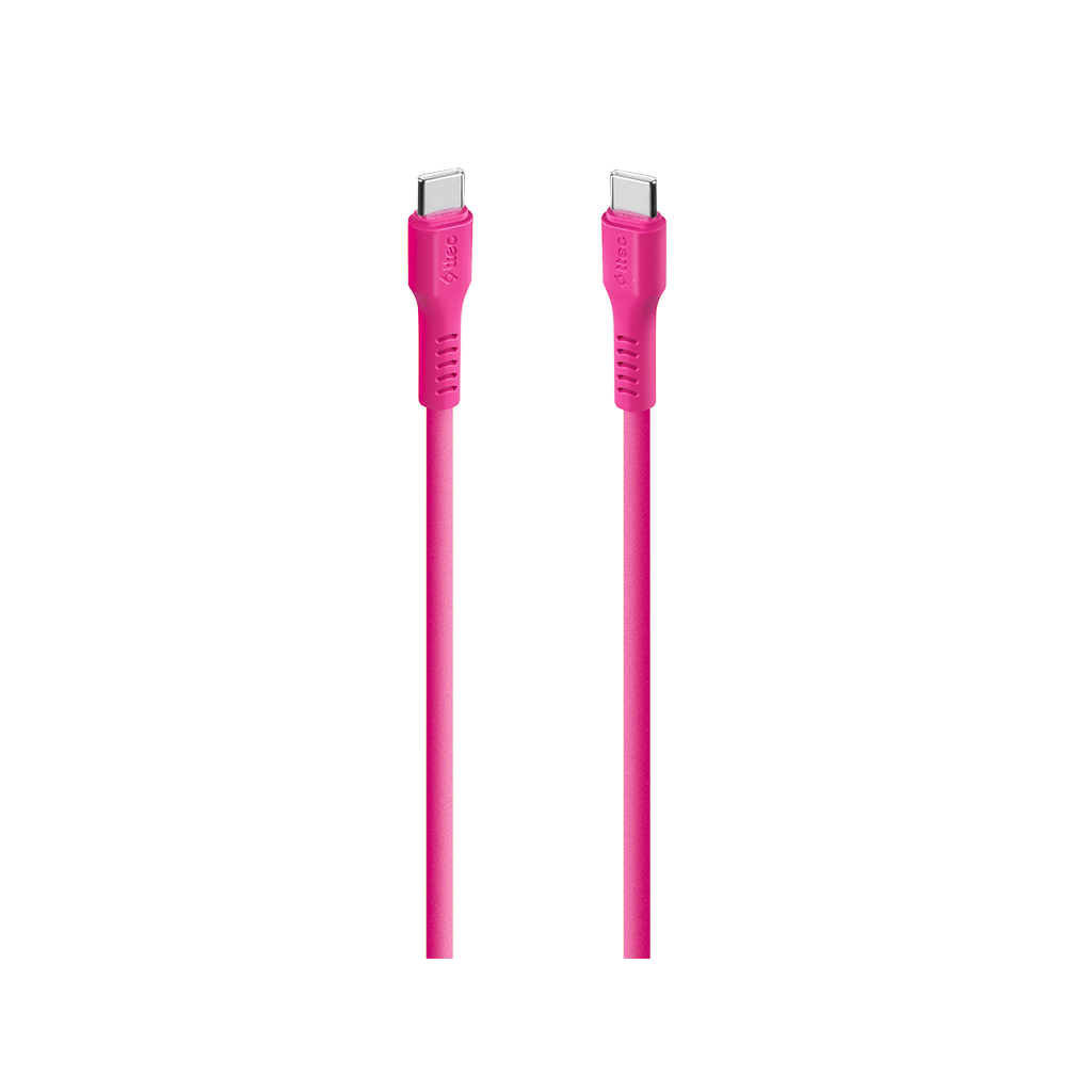 Siyah bir arka plan üzerinde iki parlak pembe USB-C kablosu.