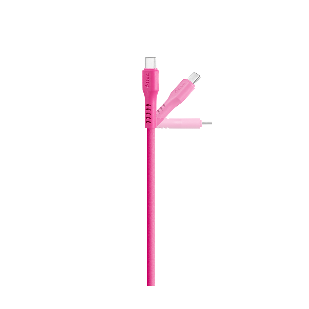 Siyah arka planda üç farklı konektör ucu olan pembe bir USB-C kablosu.