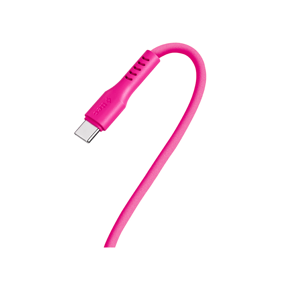 Sol tarafta USB-C konektörlü pembe USB-C kablosu. Siyah arka plan.