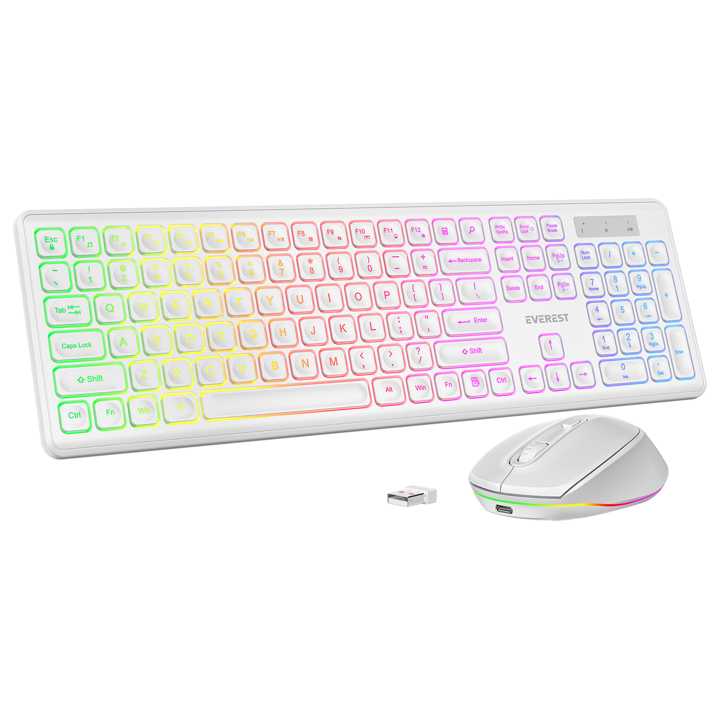 RGB arka aydınlatmalı beyaz klavye ve fare kombinasyonu. USB alıcısı da dahildir.