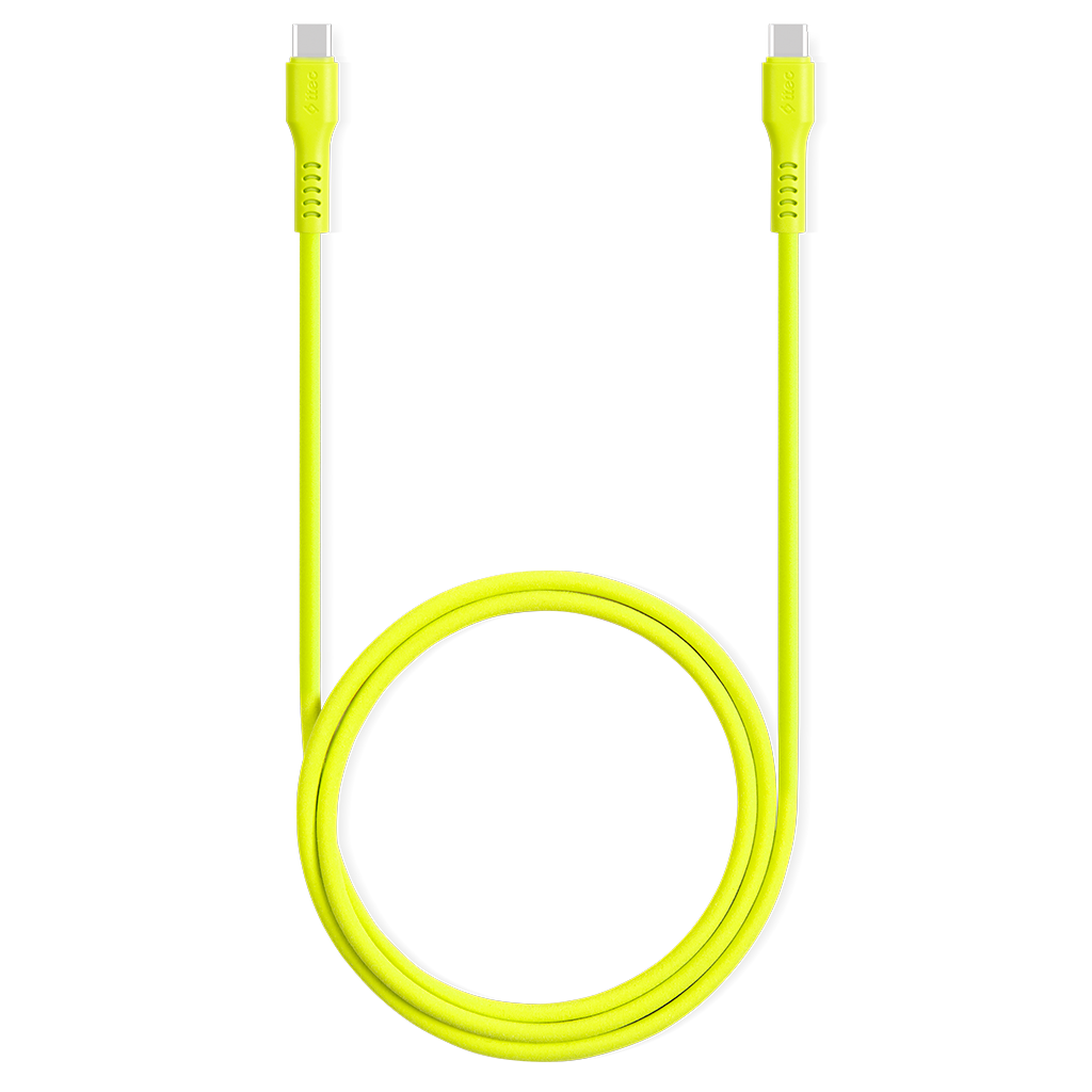 Sarı USB-C kablosu, iki konektörlü. Kıvrılmış ve siyah bir arka plan üzerinde ortalanmış.