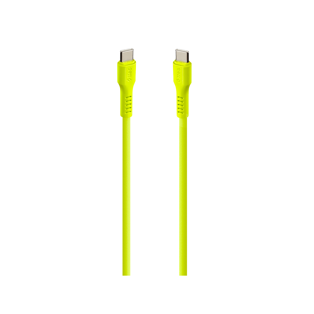 Siyah bir arka plan üzerinde iki neon sarısı USB-C kablosu.