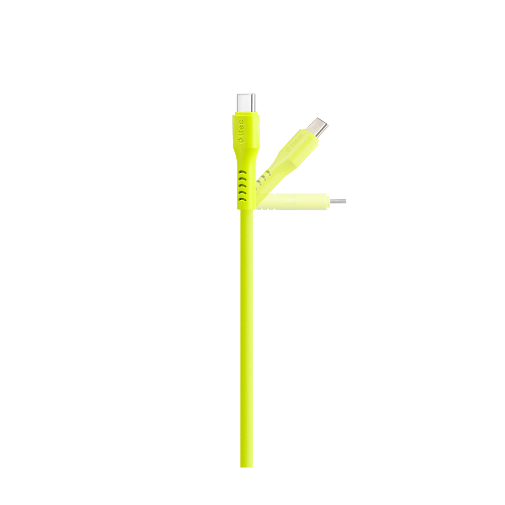 USB-C ve diğer konektörlere sahip parlak sarı bir şarj kablosu.